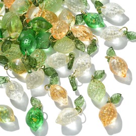 Stiesy 50Pcs 5 Styles Glass Lemon Charms with Leaf Fruit Handmade Lampwork Charm Yellow Green Lemon Charms for Jewellery Making DIY Bracelet Crafting