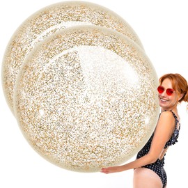 Junkin 2 Pcs 48'' Giant Sequins Beach Ball Inflatable Glitter Confetti Clear Large Jumbo Balls Water Beach Toys for Outdoor Summer Swimming Pool Party Favors(Gold)
