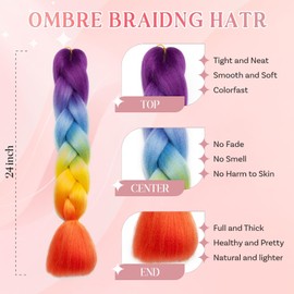 SEGO Pro Braiding Hair Extensions 24 Inch Synthetic Jumbo Box Braid Hair for Crochet Twist Braids for Women Pack of 1 (Purple to Blue to Yellow to Orange)