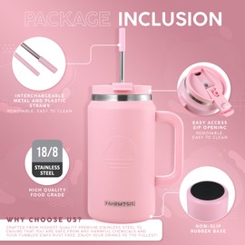 FAHRMOSIS 50 Oz Tumbler with Handle and Straw | Stainless Steel Vacuum Insulated Tumbler for Hot & Cold Drinks | Double Insulated Tumbler Reusable Water Bottle with Straw - Pink
