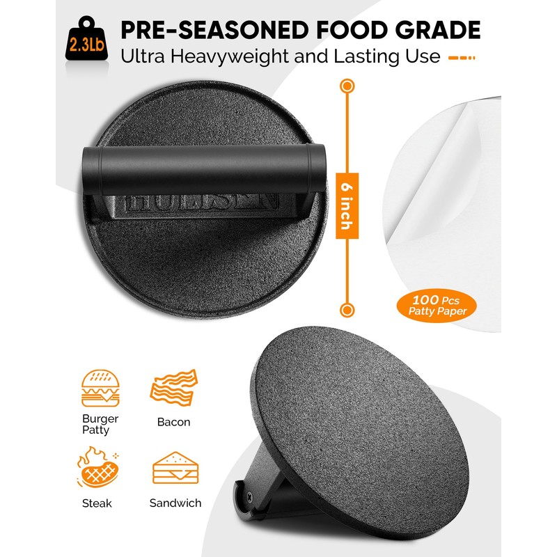 HULISEN Pre-Seasoned Cast Iron Burger Press Includes 100 Pcs Patty