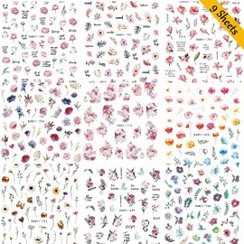 CharmeFleur 9 Blätter Blumen Nagelkunststickers Aufkleber 3D Selbstklebend Nageldekor Spring Blumen Nagelkunst Zubehör Charmante Margerite Blatt Pfingstrose Nagelzubehör
