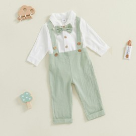 MAHUAOYIXI Infant Baby Boy Gentleman Suit 0-18M Long Sleeve Lapel Neck Button Up Rompers Shirts With Bow Tie and Solid Color Suspender Pants 2Pcs Set Clothes for Todder Boys (Green, 12-18 Months)