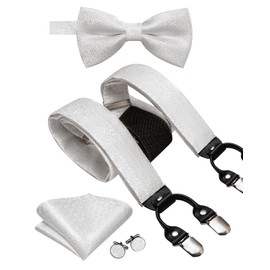 Dubulle Mens Clips Suspenders and Pretied Bowtie Set Y Shape Adjustable Paisley Checks Braces Pocket Square,Sliver White