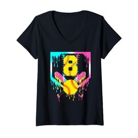 Womens 8th Bday Softball Home Plate Drip Ice Cream 8 Year Old V-Neck T-Shirt