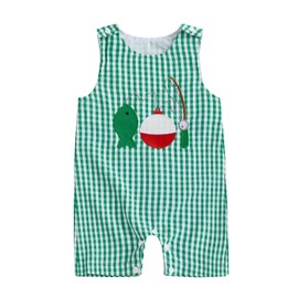 Baby Boy Summer Clothes Sleeveless Fishing Plaid Jumpsuit Newborn One Piece Onesie Bodysuit Fall Romper Outfits (F Fishing Outfit Green, 6-12 Months)