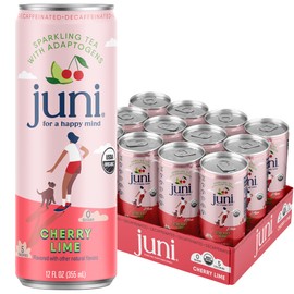 Juni Sparkling Adaptogen Drink with Ashwagandha, Lion’s Mane & Reishi Mushrooms | Green Tea for Focus, Zero Sugar, 5 Calories | Decaffeinated, Non Alcoholic Drinks - Cherry Lime 12 pack