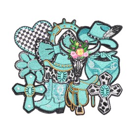 HEYTRCO 12PCS Turquoise Blue Western Cowgirl Embroidery Patches Set, Leopard Iron-On Appliques with Cowboy Hat Boots Saddle Cross for Jackets Hats Bags