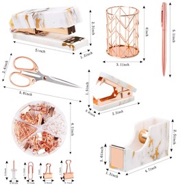 Rose Gold Marble Desk Accessories, Office Supplies Set Stapler Staple Remover, Tape Holder, Pen 2 Ballpoint Pen, Scissor, Binder Clips, Paper Clips and 1000pcs Staples