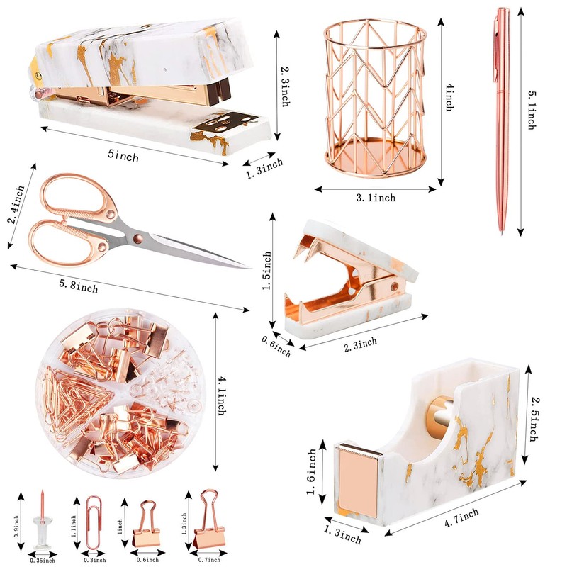 Rose Gold Marble Desk Accessories, Office Supplies Set Stapler Staple