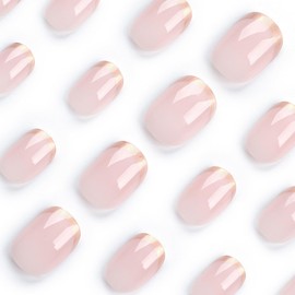 Gold French Press on Nails Short Square ZWENJIE Fake Nails Press ons with Glossy Designs Full Cover Nude Pink False Nails Artificial Acrylic Stick on Nails for Women 24 Pcs