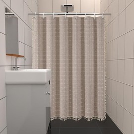 Farmhouse Brown Shower Curtain - Boho Modern Linen Fabric Shower Curtains for Bathroom, Chic Cute Wrinkle Free Thick Bathroom Curtain Set with Tassel - Bohemian Cloth Shower Curtain Long 72x72, Tan