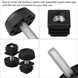 BQLZR 20mmx20mm M8 Thread Black Plastic Furniture Chair Leg Plug Blanking End Caps Insert Plugs with Adjust Thread Feet for Square Pipe Tube Pack of 10