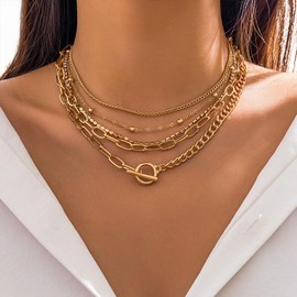 14k Gold Plated Layered Necklace for Women Trendy Multilayer Adjustable Layering Circle Bar Pendant Chain Necklace Dainty Gold Necklace Stack Fashion Jewelry Set Gifts for Women