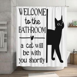 Jakayla Funny Shower Curtain Set – Cute Black Cat Bathroom Decor, Waterproof Polyester Fabric for Cat Lovers Shower Curtain Set with Hooks 72x72 Inch