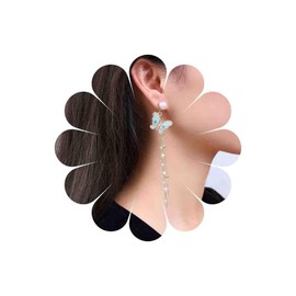 Iaceble Boho Crystal Butterfly Dangle Earrings Pearl Tassel Drop Earrings Long Rhinestone Butterfly Earrings Vintage Pearl Chain Earrings Wedding Bridal Earrings Jewelry for Women