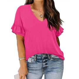 RITERA Plus Size Tops for Womens Casual Summer Tees Basic Shirts Solid Color Comfy Short Sleeve Tunic Hot Pink Tops 5XL 28W