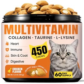Cat Vitamin Treats with L-Lysine & Taurine – 12 Essential Vitamins & 5 Minerals, Cat Multivitamin Supplement for Immune, Joint & Skin Support, Daily Health Formula for Indoor & Senior Cats – 450 Chews