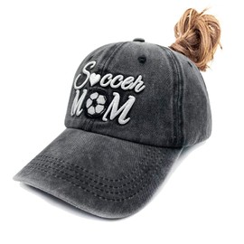 Waldeal Soccer Mom Ponytail Hats for Women, Adjustable 3D Embroidered Mama Messy Bun Ponycap Black