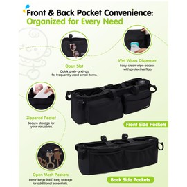 Double Stroller Organizer with 11 Compartment for Bob Duallie, Baby Jogger City Mini GT2, Double Jogging Stroller Caddy, Parent Console with 2 Insulated Pocket, Front & Back Pockets, Travel Essentials