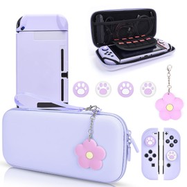 DLseego Switch Case Set Carrying Case with 10 Slots Cute Protective Dockable Hard Shell with 4PCS Glitter Cat Paw Thumb Grips Caps and 1PC Flower Blossom Chain for Switch 2017 (Purple)