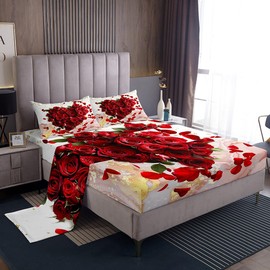 jejeloiu Valentine's Day Sheet Set King Size Couple Romantic Rose Floral Flower Sheets with Deep Pocket Fitted Sheet for Girls Women Lover Love Red Hearts Bed Sheets Set Marble Glitter Bedding Set
