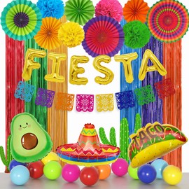 Fiesta Mexican Party Decorations, Cino De Mayo Decor with Paper Pompoms Fans Papel Picado Fiesta Banner Taco Avocado Sombrero Foil Balloons Fringe Curtain for Carnival Festival Birthday Party Supplies