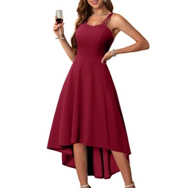 DRESSTELLS Woman's Cocktail Dresses, Semi Formal Wedding Guest Vintage Tea Party Casual Aline Hi Low Spaghetti Strap Evening Prom Holiday Dress Burgundy L