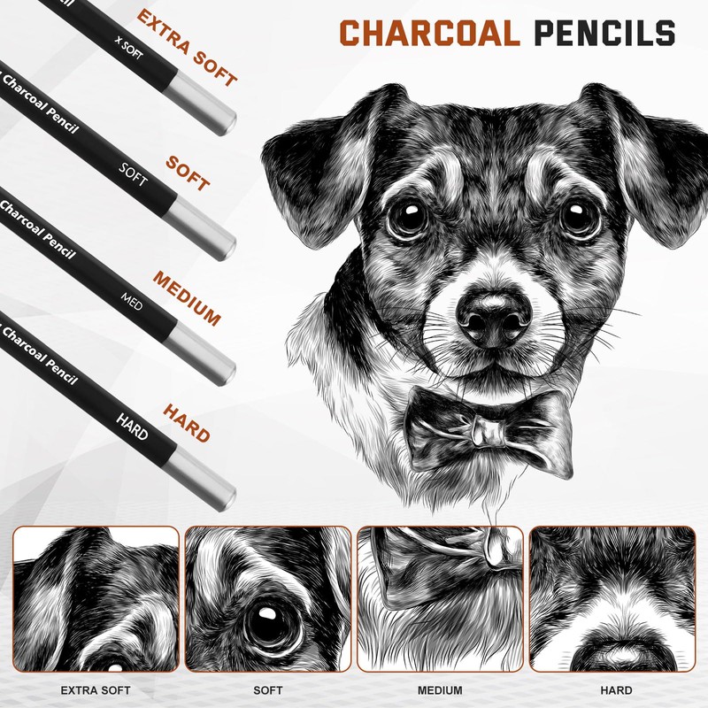 Geyoga 36 Pcs Professional Charcoal Pencils Extra soft, Soft, Medium,