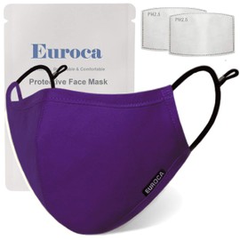 Euroca Cloth Face Mask 3 Layer Reusable Washable and Adjustable with Filter Pocket for Adult -1 Pack with 2 Filters included (Purple, Small)