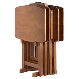 Contemporary Home Living Set of 5 Teak Brown Wooden Snack Tables with Storage Stand, 25.50”