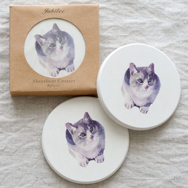 Jubilee Diatomaceous Earth Coasters Set of 2 Cat Pastel Color Absorbent Natural Material (R4, White)