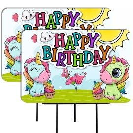 HAPPY BIRTHDAY 2 Pack Double-Sided Yard Signs 16" x 24" with Metal Stakes (Made