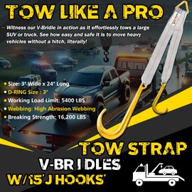 FITHOIST Tow Straps V Bridle w/ 15'' J Hooks | 3" x 24'' Recovery V Strap for Car Hauler, Wrecker Rollback | 5400 lbs Working Load | Heavy Duty Tow Straps with Hooks for Towing and Recovery
