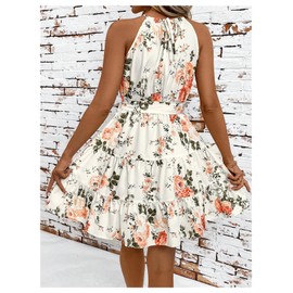 SOLY HUX Women's Floral Print Tiered Ruffle Hem Halter Dress Tie Back Flowy Mini Boho Dresses with Belt Multicoloured Floral Large