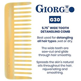 Giorgio G30 Large 5.75 Inch Hair Detangling Comb, Wide Teeth for Thick Curly Wavy Hair. Long Hair Detangler Comb For Wet and Dry. Handmade of Cellulos