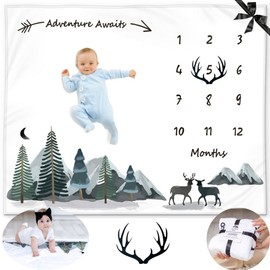 KEMINA BLANKETS Baby Monthly Milestone Blanket Boy - Milestone Blanket for Baby Boy Includes Felt Frame, Adventure Mountain Month Blanket Woodland Nursery, Baby Shower Baby Milestone Blanket, 50x40