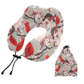 Wusikd Travel Pillow Blooming Cherry Memory Foam Cardinal Neck Pillow for Traveling Sleep, Long Flight Rest, Office Break, Airplane Car Head Shoulder Back Support