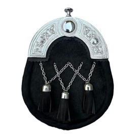 ROARMAX Scottish Sporran Cross Chain Three Tassels Black Leather and Metal Chrome Cantle On Top Leather Sporran for Kilts Traditional Scottish Bags