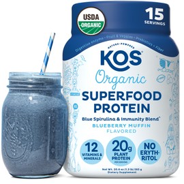 KOS Plant Based Protein Powder, Blueberry Muffin - Organic Pea Protein Superfood with Spirulina and Immune Support Blend. Soy, Gluten, Dairy Free - Vegan Meal Replacement for Women & Men - 15 Servings