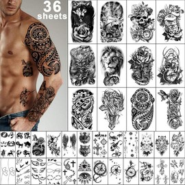 36 Sheets Temporary Tattoos Stickers, 12 Sheets Fake Body Arm Chest Shoulder Tattoos for Men or Women with 24 Sheets Tiny Black Tattoos - Color: X-Eagle