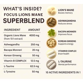 OUSH Focus™ | Organic Lion’s Mane 4000mg + Ashwagandha, Vitamin B Complex, Korean Ginseng & L-Tyrosine | Brain Focus, Energy & Clarity Supplement | 60 Vegan Capsules