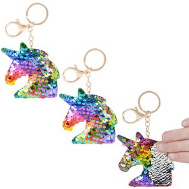 The Dreidel Company Rainbow Silver Unicorn Keychains, Flip Sequin Plush (3-Pack)
