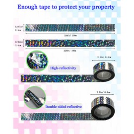 Whtawtaw 2 Rolls 328 FT Bird Scare Type Ribbon, Deterrent Visual Audible Reflective Tape to Keep Away Birds, Holographic Eco-Friendly Double Sided Flash Tape for Outdoor, Garden, Balcony