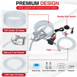 TOPWAY 12V DC Gasoline Fuel Pump Kit, Self-priming Oil Transfer Pump with Handle, Reversible Pumping, Overheat Protection, Explosion-Proof, Oil Hose, Nozzle for Gasoline Fuel Diesel Kerosene Removal