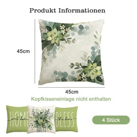 Auriselle Set of 4 45 x 45 cm Outdoor Cushion Weatherproof Cushion Cover Waterproof Sofa Cushion Waterproof Decorative Cushion Botanical Floral Pattern Garden Balcony Sofa Invisible Zip Green