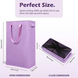Odonata Slim Laundry Hamper Handles Collapsible Laundry Basket Thin Dirty Clothes Basket Narrow Laundry Bag Foldable Dirty Hamper 45L (Light Purple)