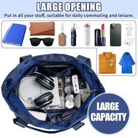 Large Tote Bag for Women with Multiple Pockets, Water Resistant Foldable Tote Bag Utility Tote, Lightweight Shoulder Bag Handbag for Travel, Work, Blue