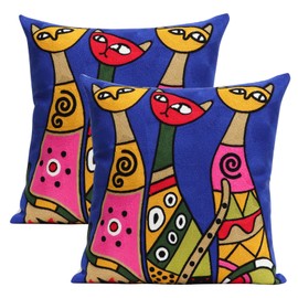Pilmandu Pack of 2 Decorative Square Pillowcase Abstract Art Embroidered Throw Pillows Cover for Couch Farmhouse Patio Garden Sofa Chairs 18x18 Inch (Blue Long Neck Cat), T-4888