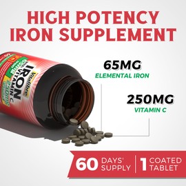 Vitalibre Iron Supplement, 65mg Carbonyl Iron with 250mg Vitamin C, Stomach Friendly Iron Pills for Blood Building Women & Men, High Absorption, No Nausea, No Constipation, Non-GMO, No Gluten, 60 Vegan Tabs